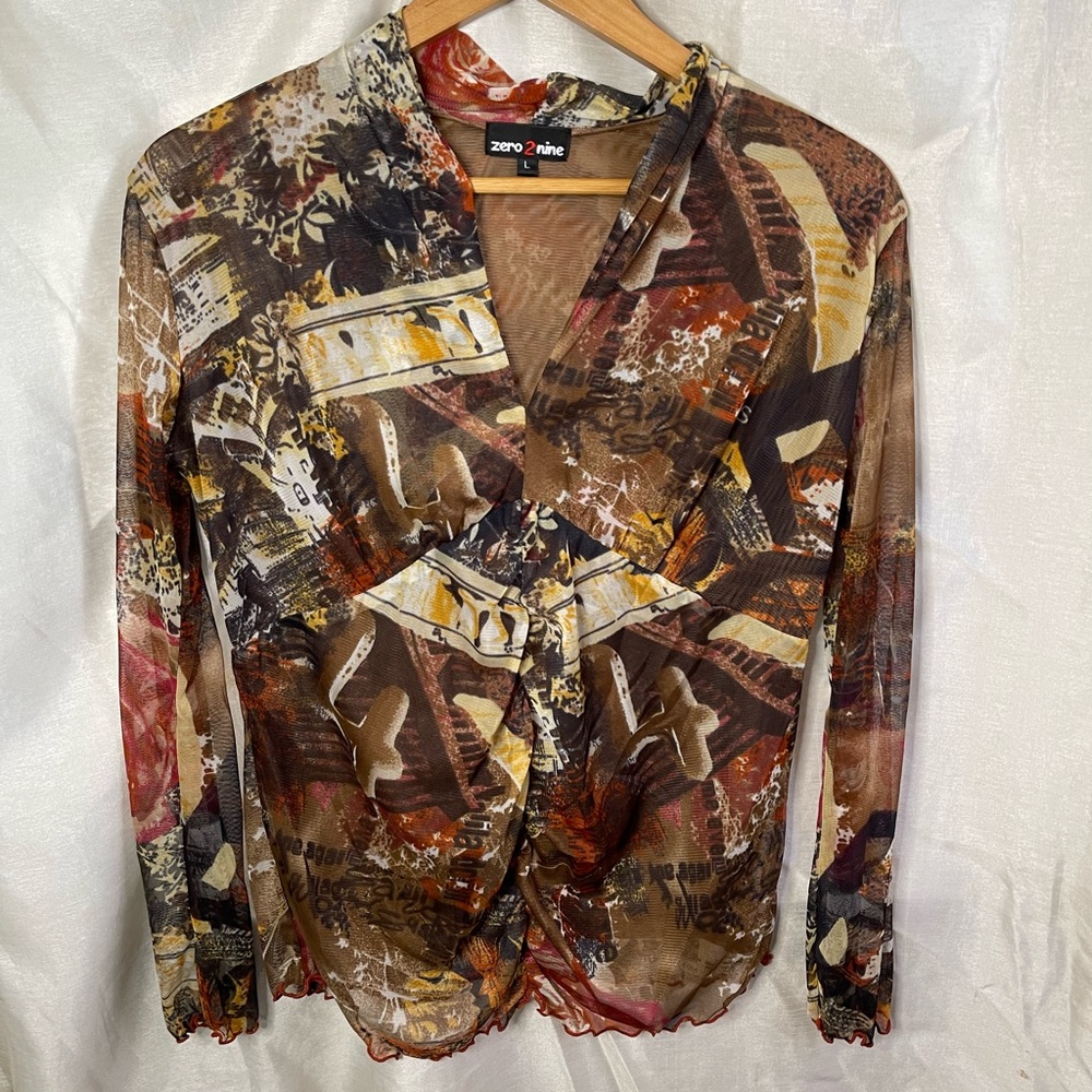 y2k Brown Tan Red Mesh Grunge Tattoo Print Long Sleeve Lettuce Hem V-Neck Top